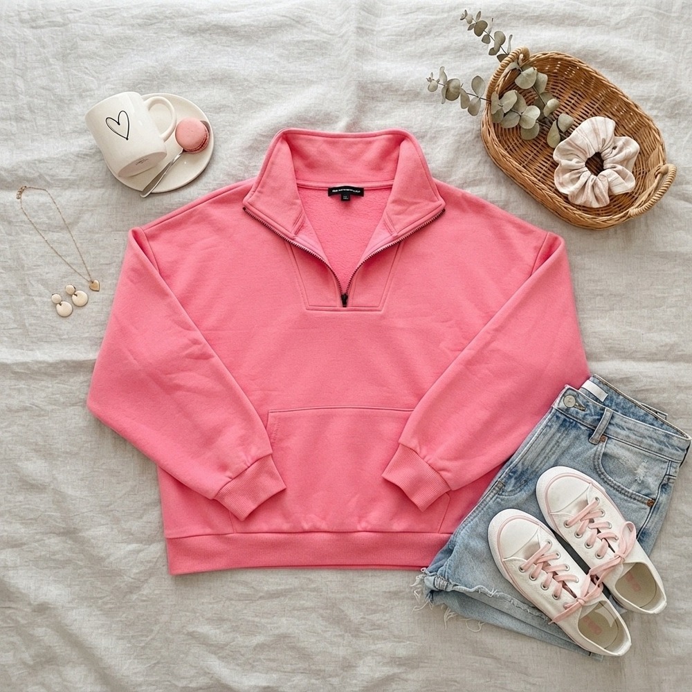 Trendy Queen Women Pink Half Zip Oversized Sweatshirt Pullover XL Quarter Zip